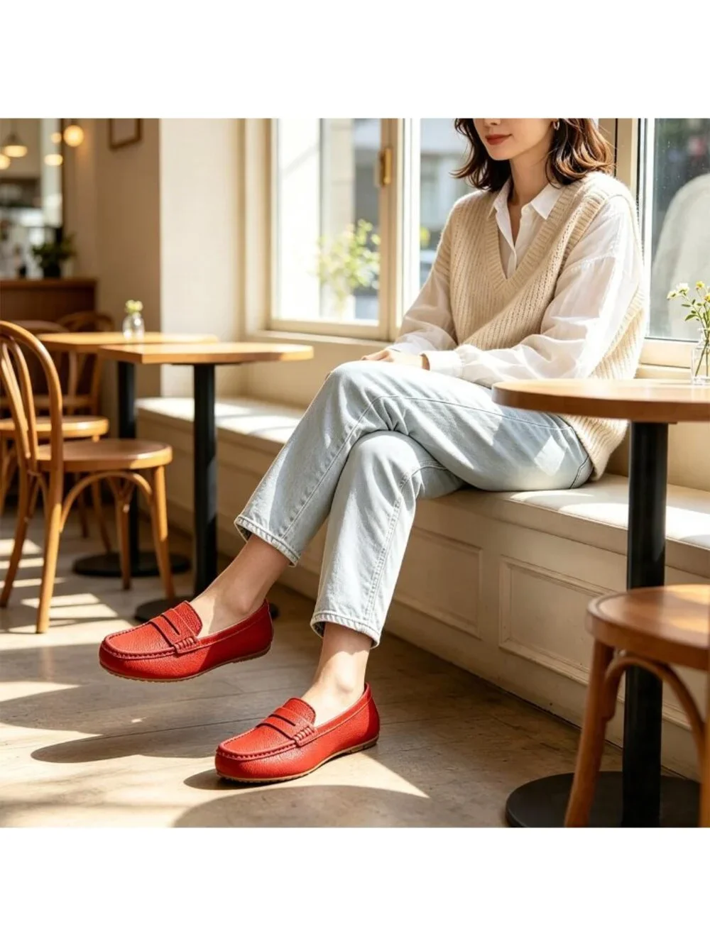 Women's Red Leather Penny Loafers Comfortable Lightweight Slip On Casual Shoes